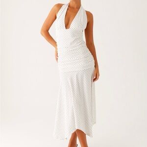 Elegant White Polka Dot Midi Dress